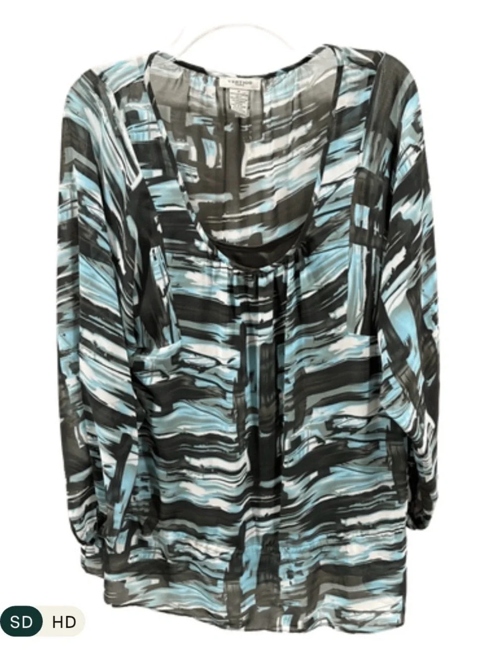 Vertigo Paris Sheer Tunic/Blouse Med. Teal/Black Abstract Flowy Top w/Camisole - Picture 2 of 7